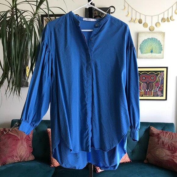 AMERICAN HOLIC size M Blue Oversized Smocked Hi Lo Button Front Blouse Top - Picture 1 of 5